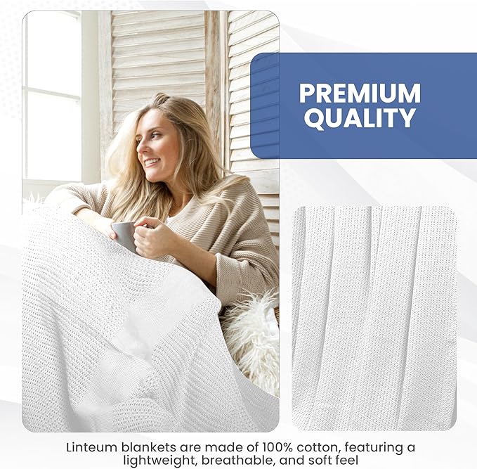 Linteum Textile Supply Leno Weave White Blanket, Twin 100% Cotton, Lightweight, Warm, Fluffy, Premium and Durable Soft & Cozy Bed Blanket for Home, Couch, Sofa & Dorm, All Season Throw [66x90]