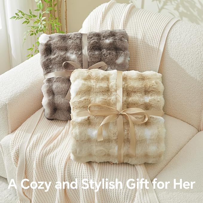 BEDELITE Faux Fur Throw Blanket for Couch, Decorative Tie-Dye Khaki Plush Bubble Blanket - Super Soft & Cozy Fluffy Faux Rabbit Fur Blanket for Women Gift, 60x80 Inches
