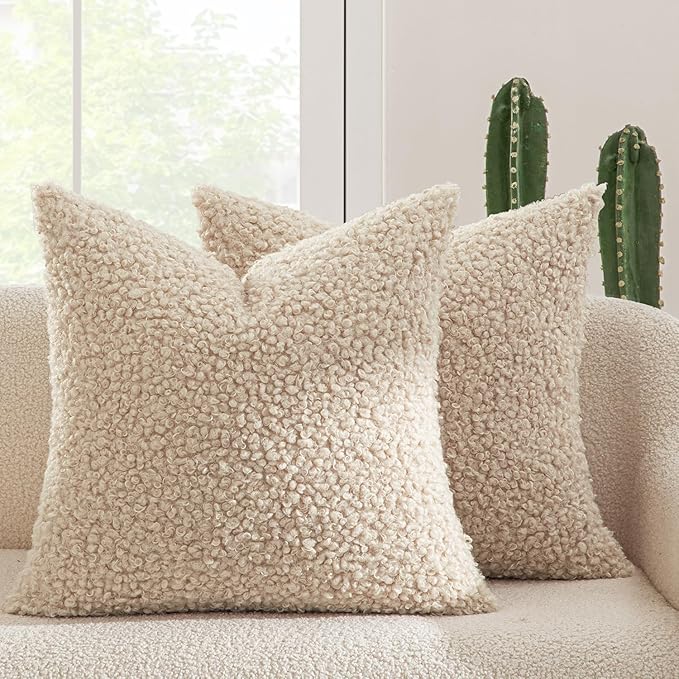 MIULEE Pack of 2 Faux Fur Throw Pillow Covers 18x18 Inch Neutral Oatmeal Boucle Decorative Sherpa Pillow Covers Fuzzy Accent Soft Sheepskin Fleece for Boho Home Decor Sofa Living Room Couch Bed