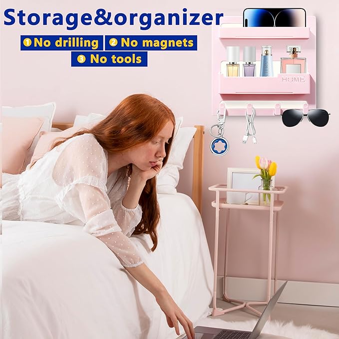 Bedside Shelf Wall Mount,Floating Bedside Adhesive Shelves Accessories,Wall Shelf Organizer and Storage for Bedroom,Camper,Dorm,Apartment-Phone,Earphone,Kindle,Remote Holder,Cable Clip,4 Hooks-Pink