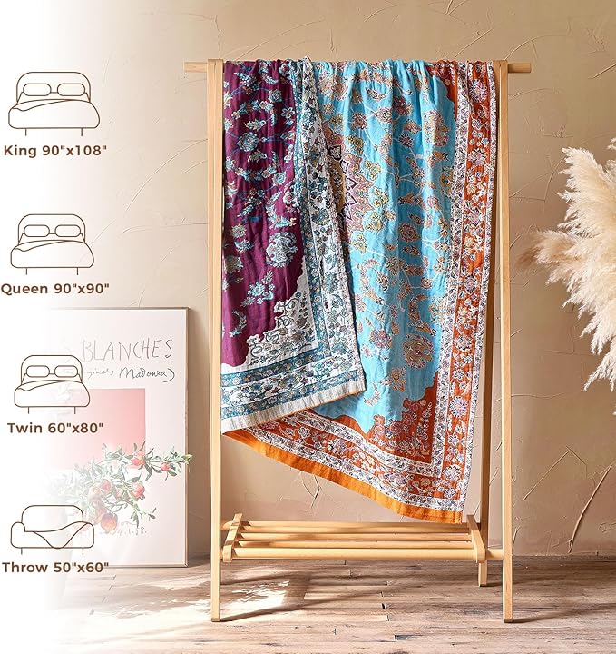 Boho Throw Blanket for Bed Cotton Spring Blankets for Bedroom Living Room Twin All Season Lightweight Floral Embroidery Quilt for Couch Sofa Chair 60"x80" Home Decor