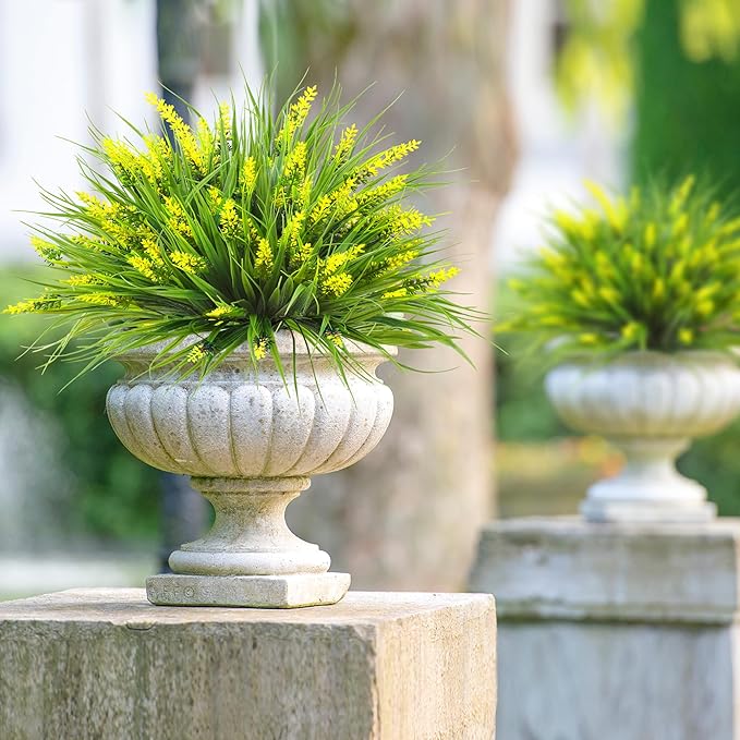 Sggvecsy 12 Bundles Artificial Plants Outdoor Faux Lavender Flowers Fake Monkey Grass UV Resistant Plastic Greenery Plants for Garden Home Porch Window Patio Hanging Planter Indoor Decor (Yellow)