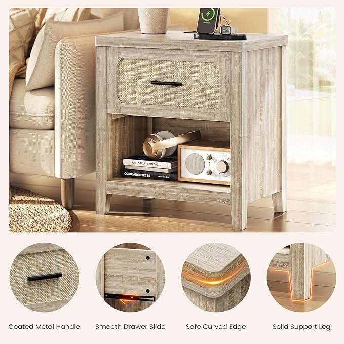 Rattan Nightstand Set of 2 with Charging Station, 22'' Wide Bedside Table with Drawer & Open Shelf, Wood Night Stand End Side Table with Storage for Bedroom, Grey Oak