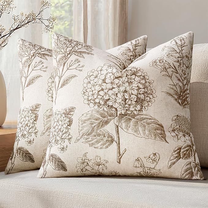 Set of 2 Decorative Floral Neutral Pillow Covers 22x22 Inch Light Brown Hydrangea Print Spring Boho Vintage Throw Cushion Covers for Sofa Couch Porch Bedroom Living Room Summer Home Decor
