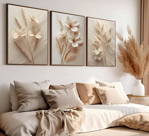 3Pcs Neutral Beige Floral Botanical Canvas Wall art Modern Simple Texture Flower Plant Painting Picture Wall Decor Vintage Blossom Poster Print Artwork for Living Room Bedroom Bathroom Unframed