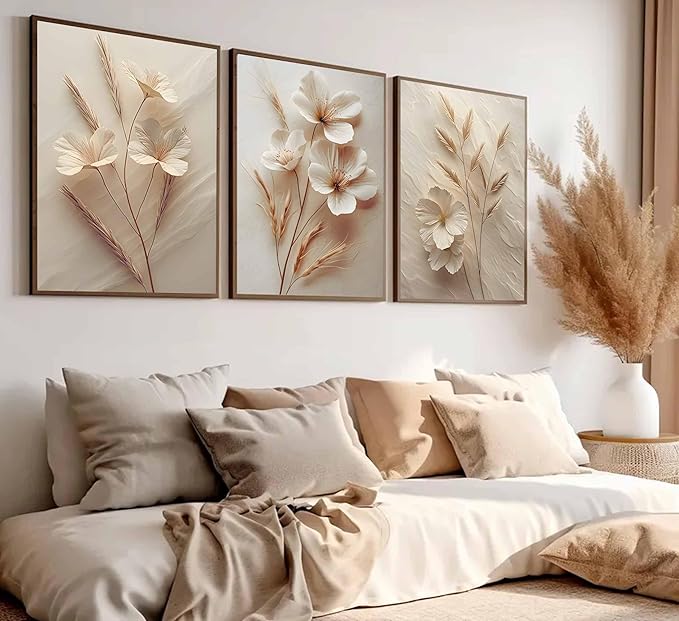 3Pcs Neutral Beige Floral Botanical Canvas Wall art Modern Simple Texture Flower Plant Painting Picture Wall Decor Vintage Blossom Poster Print Artwork for Living Room Bedroom Bathroom Unframed