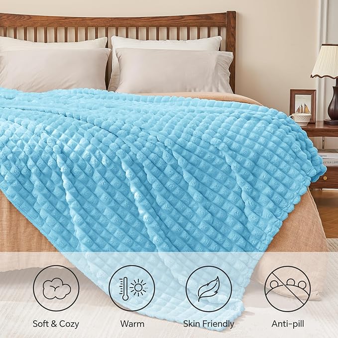 BEDELITE Light Blue Throw Blanket Twin Size for Bed- Super Soft and Warm 3D Checkered Fluffy Fuzzy Fleece Blanket, Luxurious Plush Cozy Blanket for Room Decor Fall and Winter, 60x80 inches