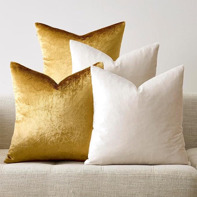 GIGIZAZA Velvet Pillow Covers 20x20,Ivory Gold Soft Throw Pillow Covers Set of 4 Square Decorative Modern Pillows Covers for Living Room