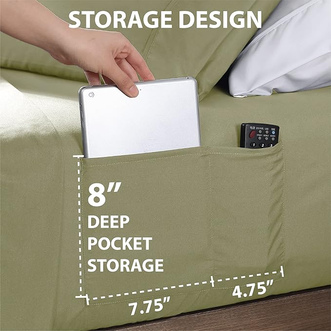 Swift Home Smart Sheets, Ultra Soft Brushed Microfiber 3-Piece Sheet Set, Fitted Bed Sheet with Side Storage Pockets – Sage, Twin