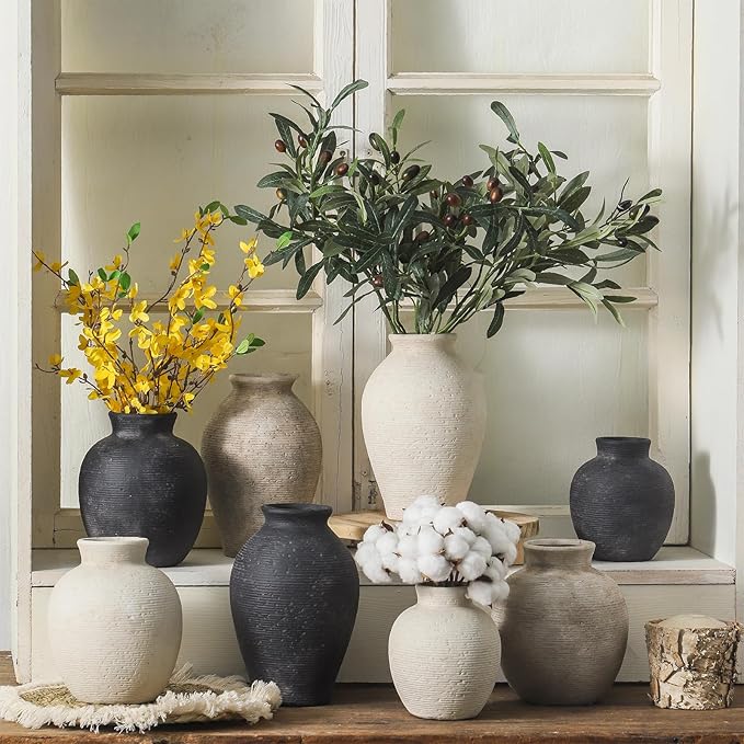 Vanselia Ceramic Flower Vase Home Decor - Small Farmhouse Table Vases Rustic Vintage Living Room Kitchen Bedroom Decorations for House Book Shelf Office Coffee Desk Dining Fireplace (6" Rustic)