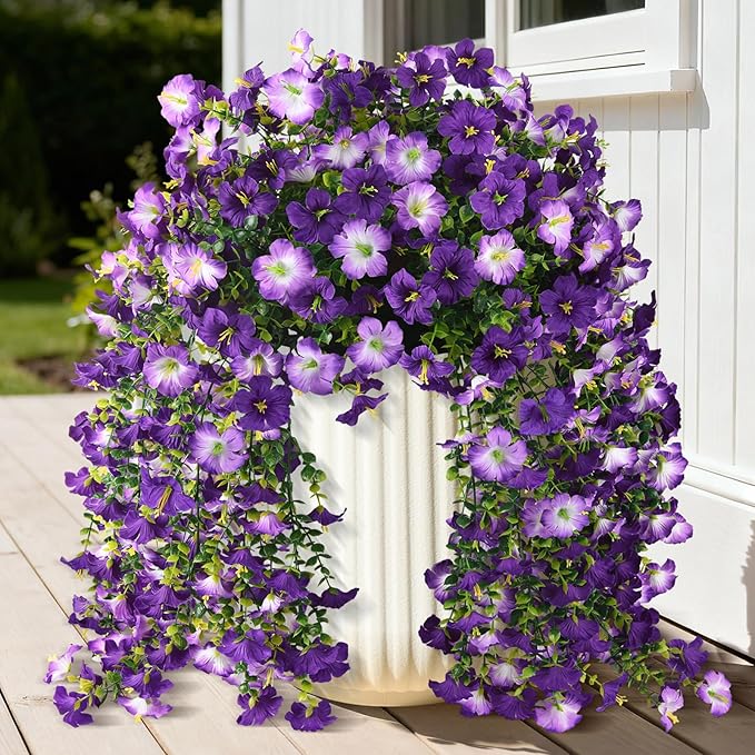 Artificial Fake Hanging Flowers Plants for Outdoor Spring Decoration,2 PCS Faux Silk Morning Glory with Eucalyptus Leaves,UV Resistant Realistic Outdoor Flowers for Balcony Porch Patio Yard Garden
