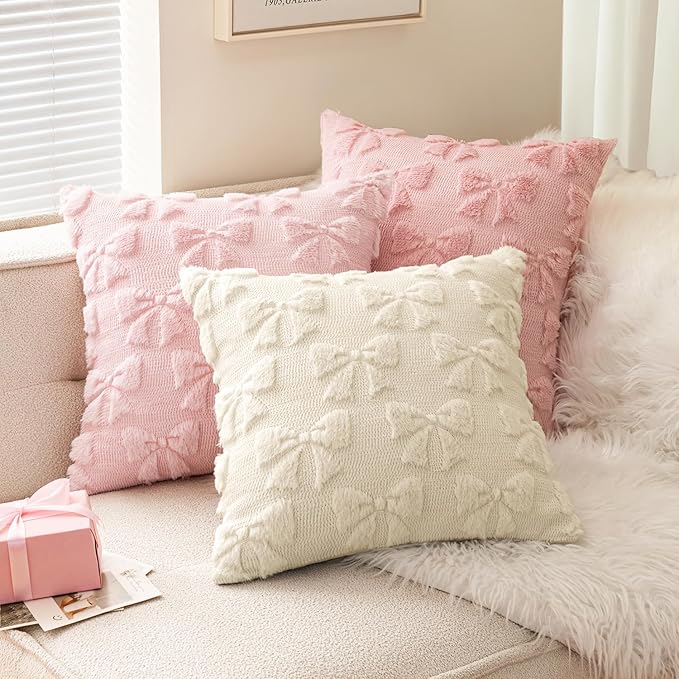 MIULEE Cream White Bow Pillow Covers Coquette Room Decor Aesthetic Set of 2 Spring Decorative Cute Girl Soft Plush Faux Pillowcase for Preppy Room Decor Bedroom Couch,18x18 Inch