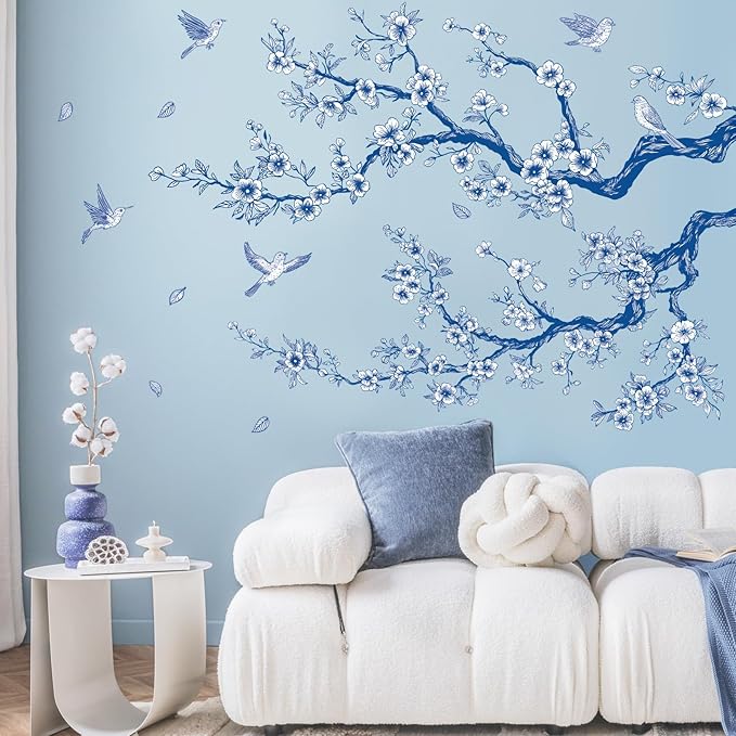 SHUCHING Blue and White Flower Wall Sticker, Tree Branch Wall Decal Peel and Stick, Vintage Boho Floral Wall Art Decor for Bedroom Living Room