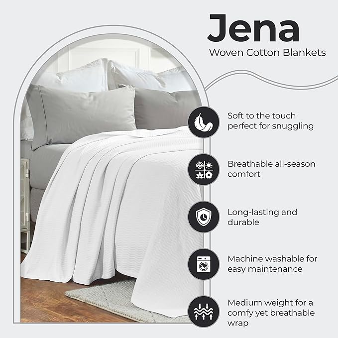 Superior JENA Cotton Blanket, for Picnic, Beach, Traveling or Camping, Bedroom Decor, Essentials, Cover for Bed, Couch, Lounging, Textured Jacquard, Modern Chevron Woven Blanket, Full/Queen, White