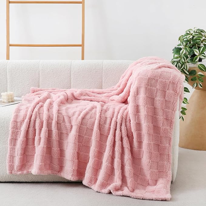 Light Pink Fleece Throw Blanket 60”×80” for Couch Sofa Bed,Super Soft Cozy Plush Microfiber Flannel Blanket with 3D Checkered Design Lightweight for Adults,Woman,Girls