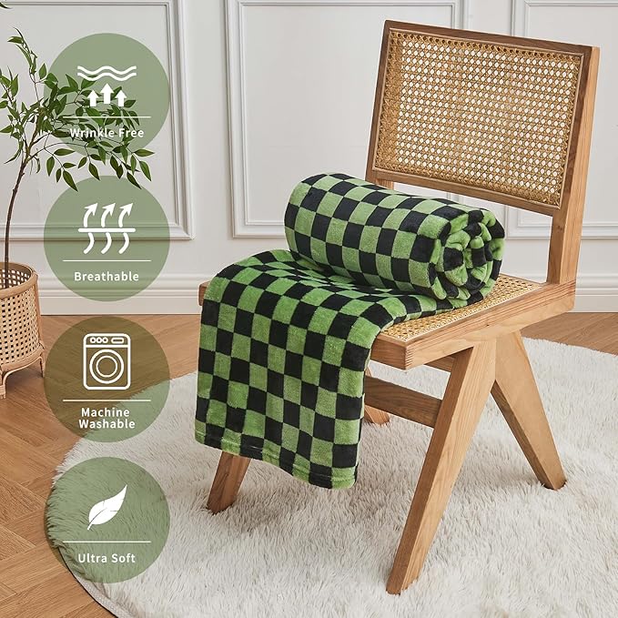 FY FIBER HOUSE Checkered Flannel Fleece Throw Blanket King Size Soft Cozy Checkerboard Grid Print Chessboard Pattern Blankets for Bed Couch Sofa, 90"x108", Black Green