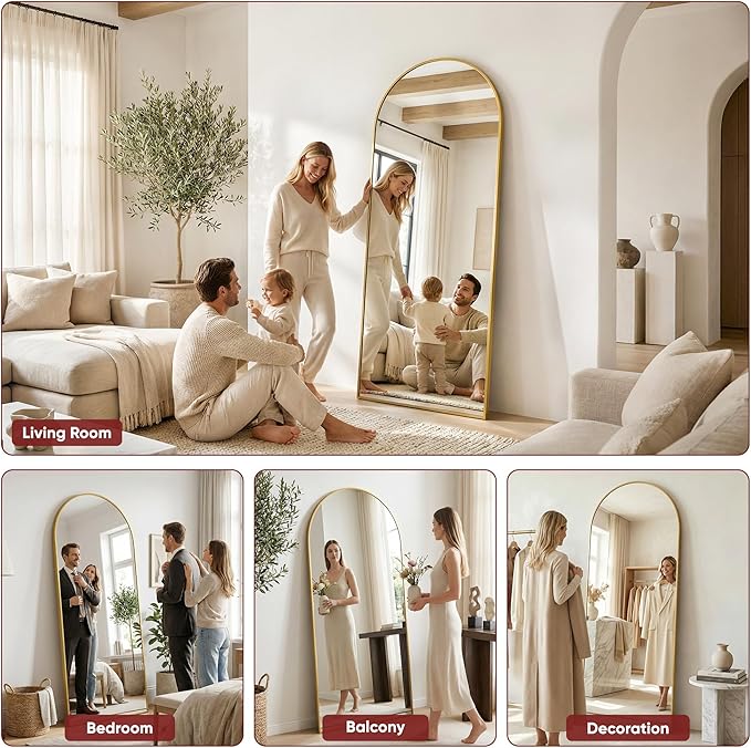 Antok Full Length Floor Mirror Arched Standing Mirror with Aluminum Frame - Freestanding Wall Mount Leaning Body Mirror for Bedroom Living Room Entryway, 76" L x 34" W, Gold