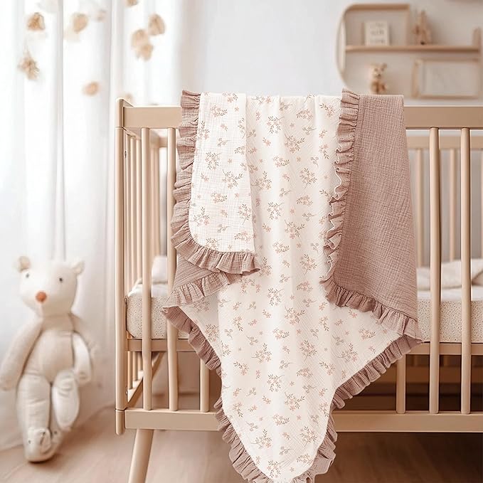 Konssy Flounce Muslin Baby Blanket for Girls Boys, 100% Cotton Soft Crib Swaddle Blankets, Reversible & Breathable Nursery Bedding for Newborns Toddlers, 40 x 36 Inches (Petal Dream)