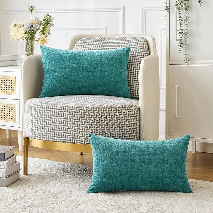 MIULEE Pack of 2 Couch Throw Pillow Covers 12x20 Inch Soft Teal Chenille Lumbar Pillow Covers for Sofa Living Room Solid Dyed Cases
