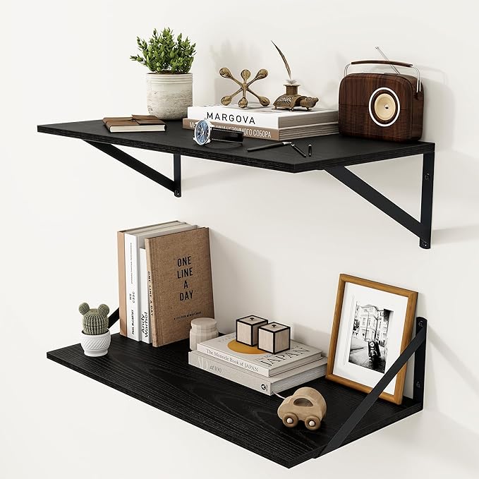 Heimlove Black Deep Floating Shelves for Wall, 24W x 12D Wood Wall Shelves Set of 2, Wide Floating Bookshelf for Living Room, Kitchen, Office, Bedroom and Decor Storage, with Metal Bracket - Black