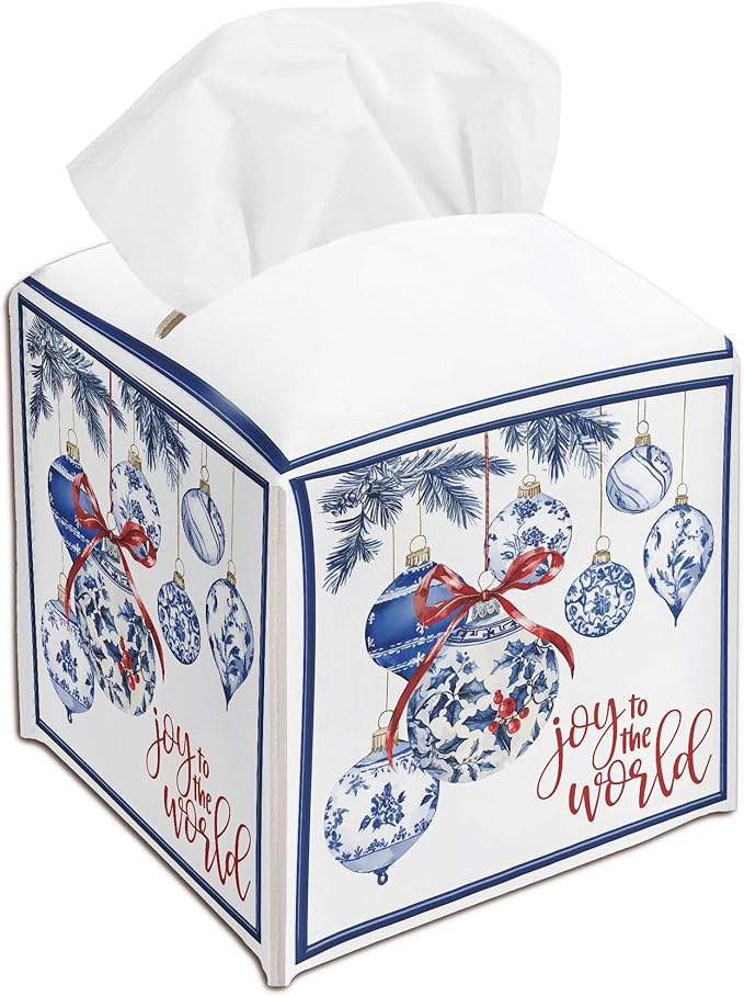 Christmas Balls Design Tissue Box Cover Holder, Blue White Leather Tissue Box Cover Square, Joy to The World Christmas Decor for Bathroom Kitchen Car Office, Porcelain Print(5.2 Inches)-B05