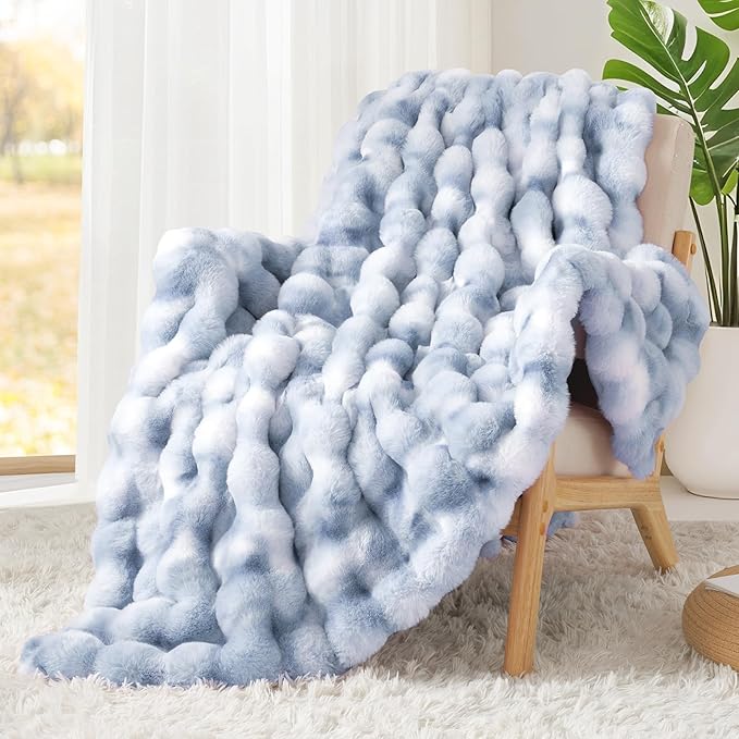 Touchat Luxury 1000GSM Faux Rabbit Fur Throw Blanket, Super Heavy Warm Cozy Grey Blankets for Couch Bed Sofa, Ruched Plush Fuzzy Elegant Soft Reversible Mink Blanket for Living Room Bedroom