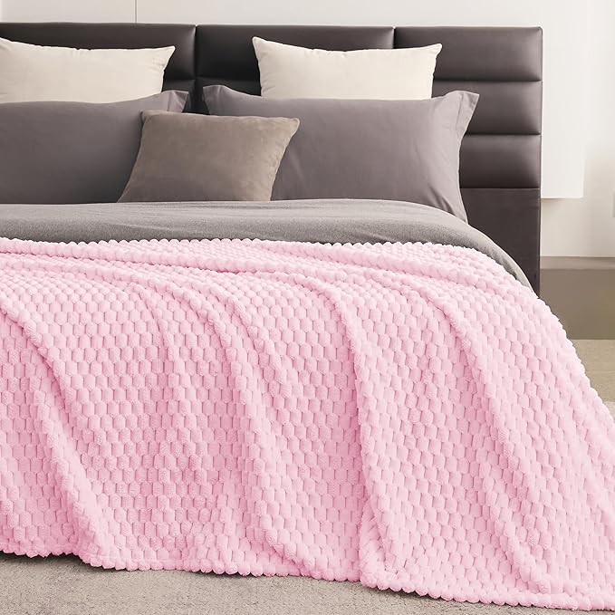 Super Soft Fleece Twin Blanket 50x70 Inches for Couch, Premium Silky with 3D Imitation Turtle Shell Jacquard Decorative Blankets, Lightweight and Cozy for Sofa.Light Pink-1
