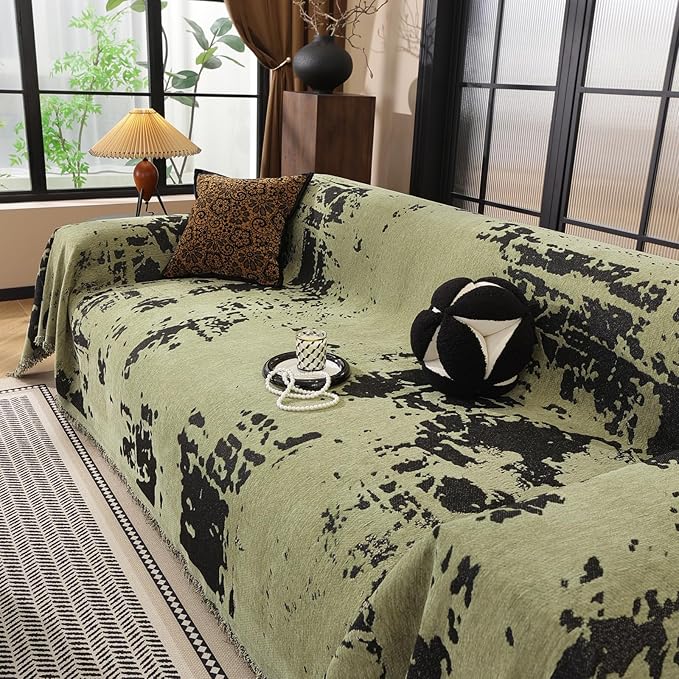 HANDONTIME Abstract Couch Cover for Dogs Green and Black Couch Cover Blanket for 3 Cushion Sofa Modern Aesthetics Sofa Covers Washable Pet Friendly Chenille Pet Protector Furniture Covers, 71" X 134"
