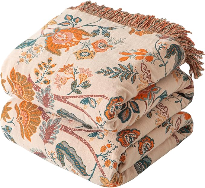 Boho Throw Blanket for Couch Sofa Bed, 100% Cotton Woven Quilt with Tassel 90”x98”, Super Soft Muslin Blanket with Floral Printed, Decorative Reversible Bed Blanket/Cover for All Seasons