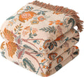 Boho Throw Blanket for Couch Sofa Bed, 100% Cotton Woven Quilt with Tassel 90”x98”, Super Soft Muslin Blanket with Floral Printed, Decorative Reversible Bed Blanket/Cover for All Seasons