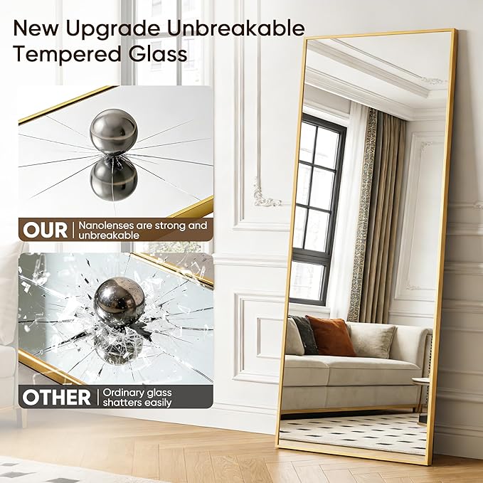 Antok Full Length Mirror, 71"x32" Floor Mirror with Stand, Hanging Mounted Mirrors for Bedroom, Living Room, Cloakroom, Dining Room, Gold, Rect