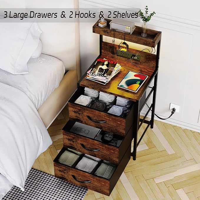 Nightstands Set of 2, End Table with LED Light and Charging Station Type C, 3 Drawers Storage Dresser Night Stand with Hooks, Tall Bed Side Table for Bedroom Dorm, Rustic Brown