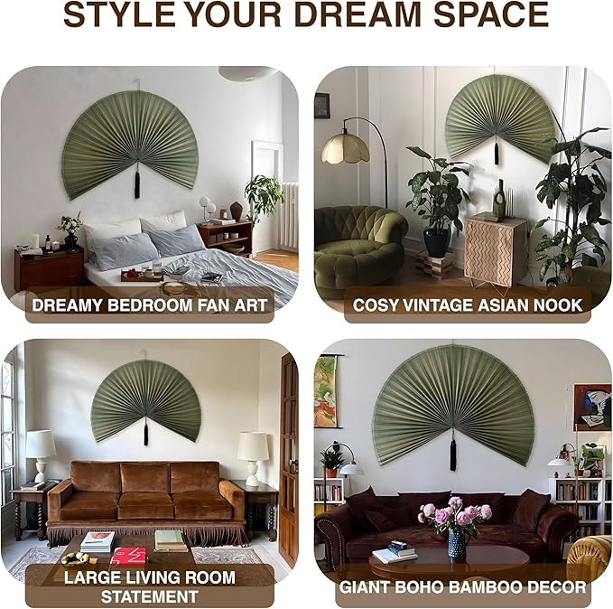 Chicvillage Bamboo Wall Fan Decor - 47” Handmade Woven Bamboo Wall Hanging Fan, Large Japanese Fan Wall Decor for Above Bed, Boho Natural Asian Wall Art, Lightweight & Easy to Hang, Green