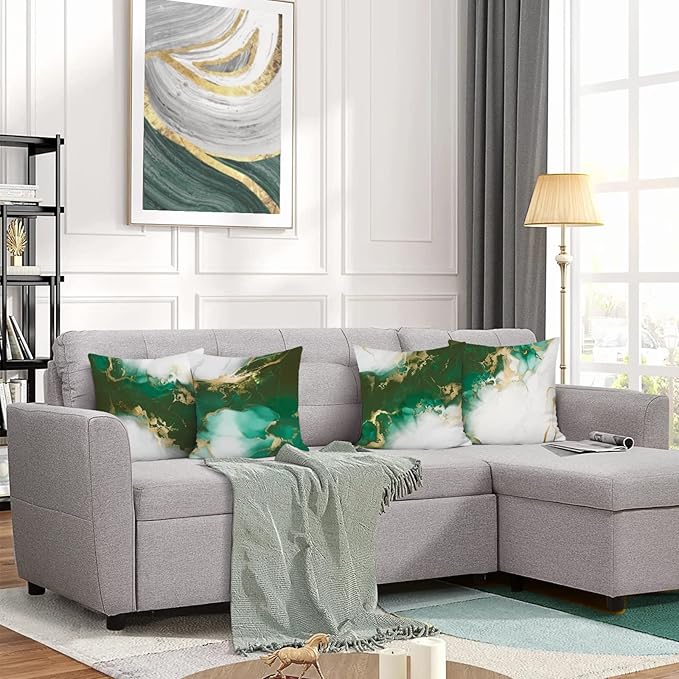 Bonhause Emerald Green Marble Throw Pillow Covers 18 x 18 Inch Both Sides Green and Gold Modern Abstract Decorative Pillows Soft Velvet Cushion Cases for Couch Sofa Bed Home Decor Set of 4