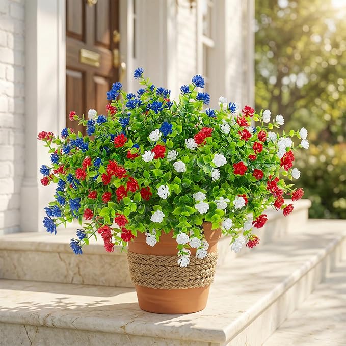Hananona Artificial Flowers Outdoor, Faux Artificial Plants UV Resistant Plastic Flower Bulk for Hanging Planter Porch Window Home Wedding Fall Summer Decor (24, Red, White, Blue)