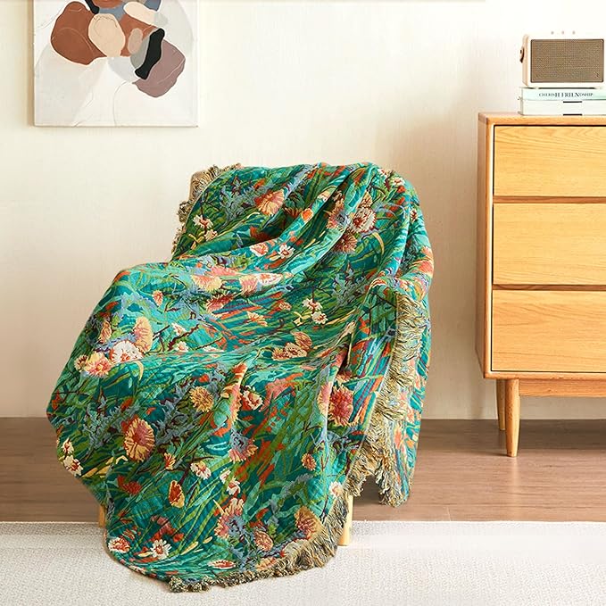 Boho Throw Blanket - 60"x80" 100% Cotton Ultra Soft Lightweight Spring Blanket, 4-Layer Breathable Muslin Blankets for Bed Couch, Reversible Green Floral Printed Bohemian Cotton Quilt