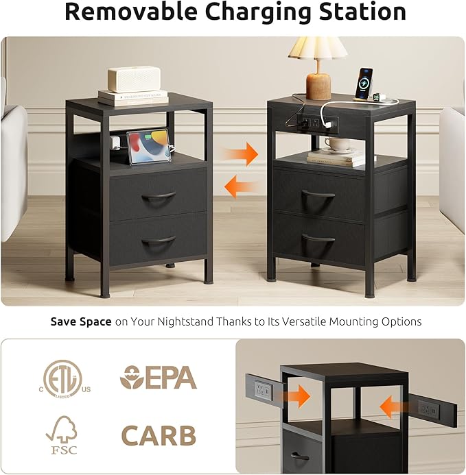 NightStand Bedside Charging Table Bedroom - Night Stand with Charger Station, Modern Nightstand with Open Shelf & 2 Fabric Drawers, Bed Side Table with USB-C Port for Dorm, Black
