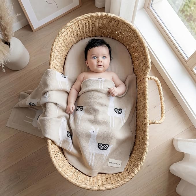 Unisex Cozy Receiving Swaddle Cuddle Stroller Crib Stroller 100% Fine Loomed Cotton Blanket - Quilt Blanket for Newborns, Infants Toddler, Boys and Girls (Llama - Cream)