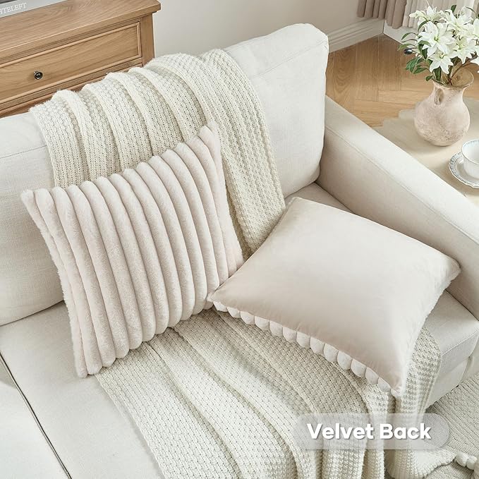 FUTEI Light Beige Decorative Throw Pillow Covers Set of 2, 28x28 Inch Soft Fluffy Faux Fur Plush Striped Euro Pillow Shams, Modern Home Decor for Couch Bed Living Room