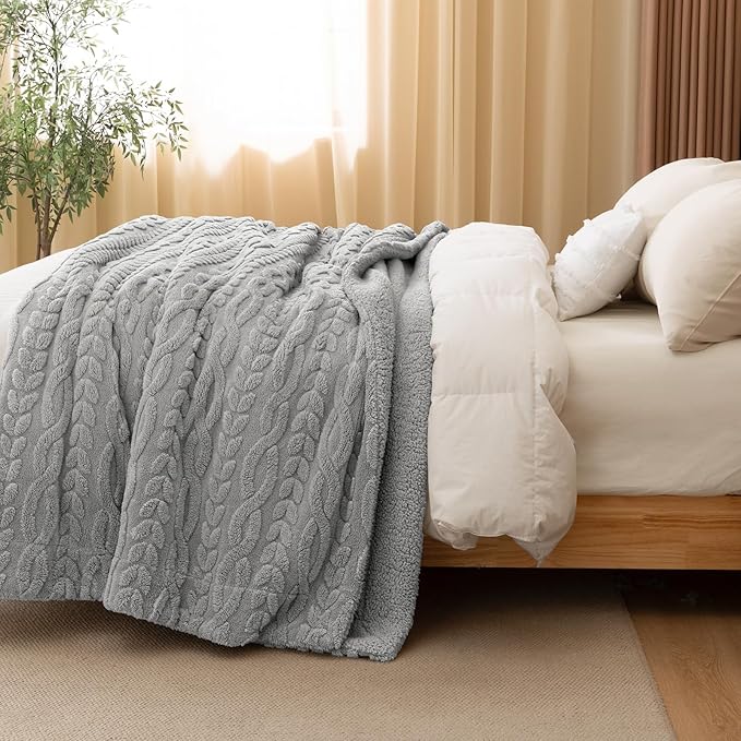 PHF Fluffy Sherpa Blanket Twin Size for Winter, Warm and Soft, 510GSM 3D Jacquard Thick Shaggy Fleece Plush Blanket for Sofa Bed, Grey, 60"x80"