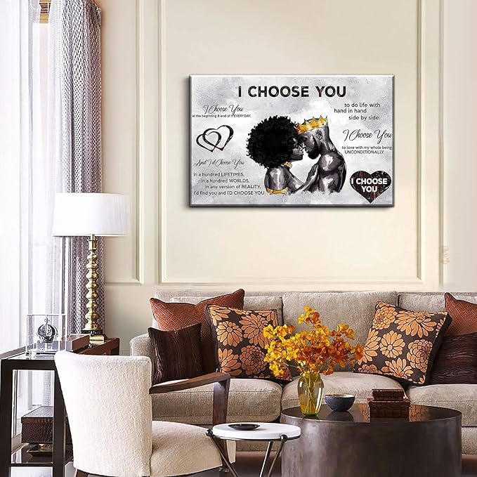 Framed African American Canvas Prints Black Couple I Choose You Poster Black King and Queen Wall Art Afro Black Romantic Couple Wall Art for Bedroom Living Room Decor(Black couple, 24in×16in)