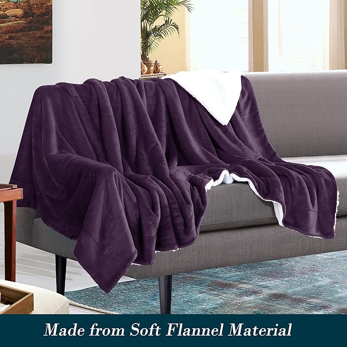 Mocassi Premium Ultra-Soft Flannel Fleece Sherpa Throw Blanket - Warm Cozy Reversible Plush Micromink Blanket for Couch, Bed and Sofa - Fluffy, Christmas Winter Bedding Gift, Twin, Purple