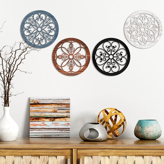 Yulejo 4 Pcs Thicken Rustic Wall Decor Farmhouse Kitchen Wall Round Art Wooden Hollow Carved Design Rustic Art for Living Room Bedroom Hallway Decor (9.8 x 9.8 Inch,Colorful)