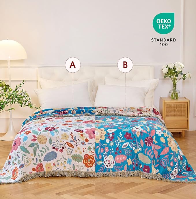Boho Throw Blanket - 100% Cotton Soft Breathable Throw Spring Blankets, 50"x60" 4-Layer Lightweight Muslin Cotton Quilt, Floral Printed Bohemian Decor Throw Blankets for All Season