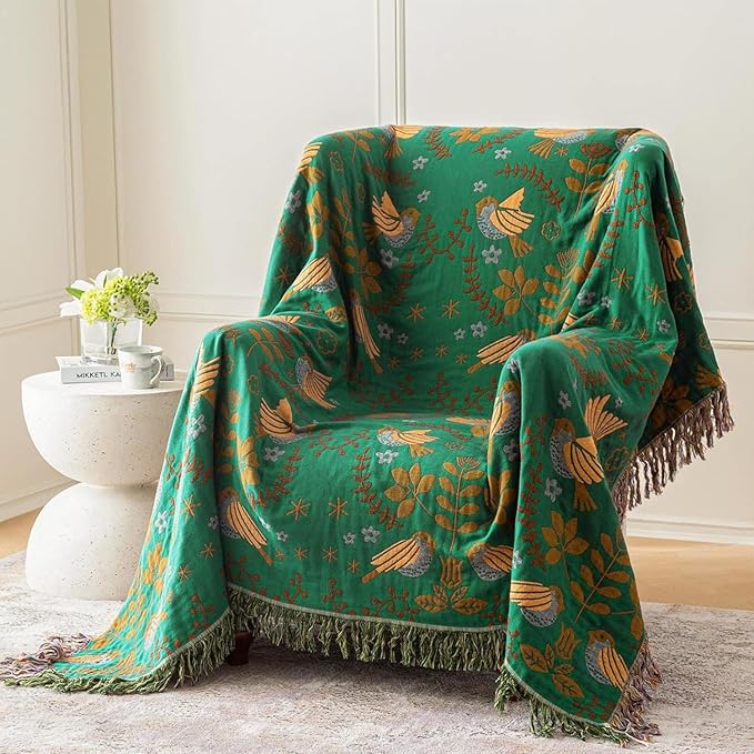 MSGKV Cotton Bed Blanket for Couch and Sofa Blankets for Living Room Bedroom Floral and Birds Throw 80"x90" Spring Breathable Cozy Boho Blankets