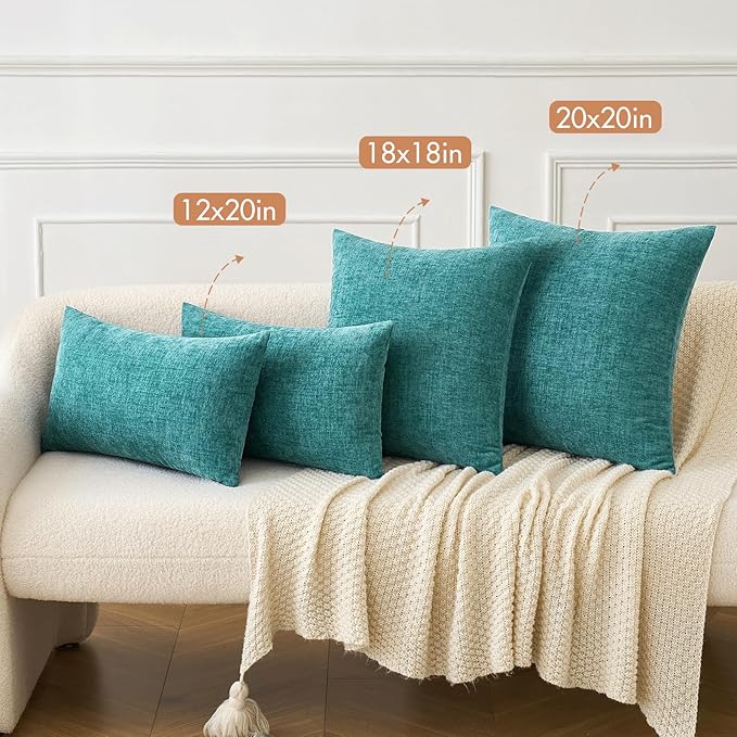 MIULEE Pack of 2 Couch Throw Pillow Covers 12x20 Inch Soft Teal Chenille Lumbar Pillow Covers for Sofa Living Room Solid Dyed Cases