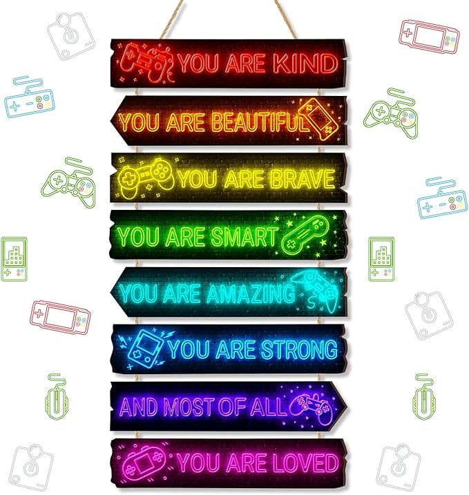 Inspirational Girl Room Decor Aesthetic Art Wall Hanging Sign Inspiring Colorful Rainbow Wooden Decoration for Kids Teens Toddler Boy Baby Bedroom Nursery Dorm Decor, 6-12 Years old (Game)