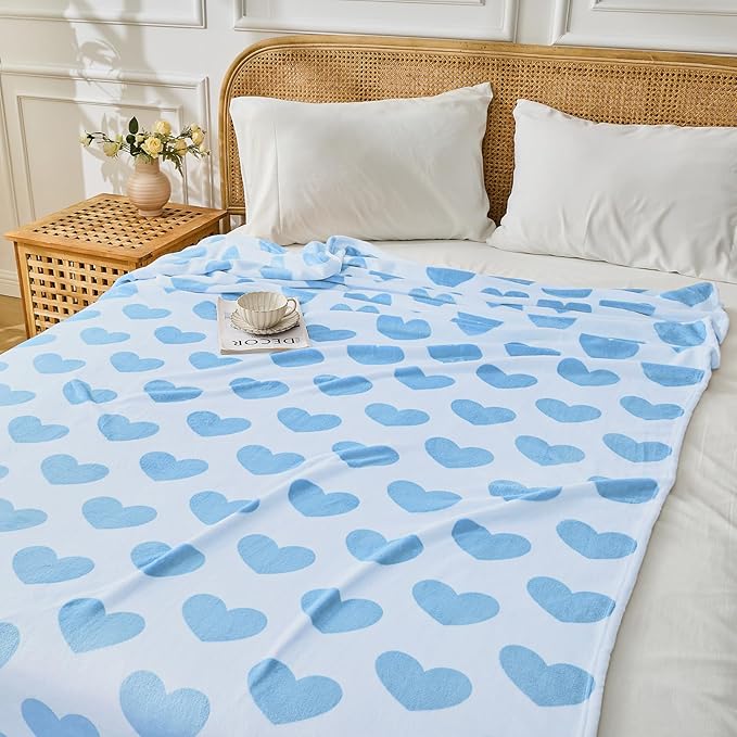 FY FIBER HOUSE Heart Flannel Queen Blanket Soft Cozy Blankets for Lover Gifts All Season Use, 90x90 Inches, Blue