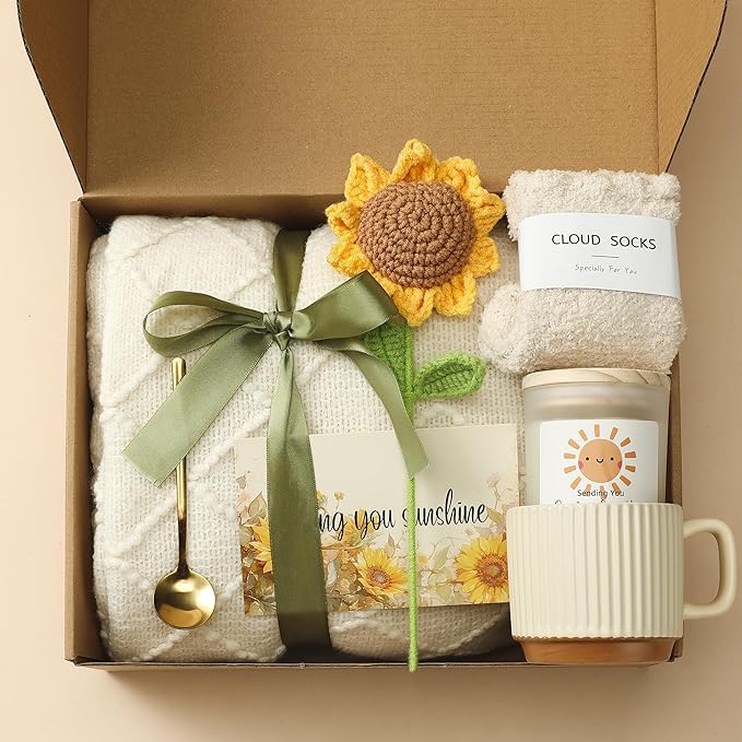 Self Care Gifts for Women - Luxury Package with 50"x70" Cozy Knitted Blanket, Fuzzy Socks, Soy Candle, Sunflower Decor | Birthday, Thinking of You, Get Well Gifts | Mom, Girlfriend, Best Friend