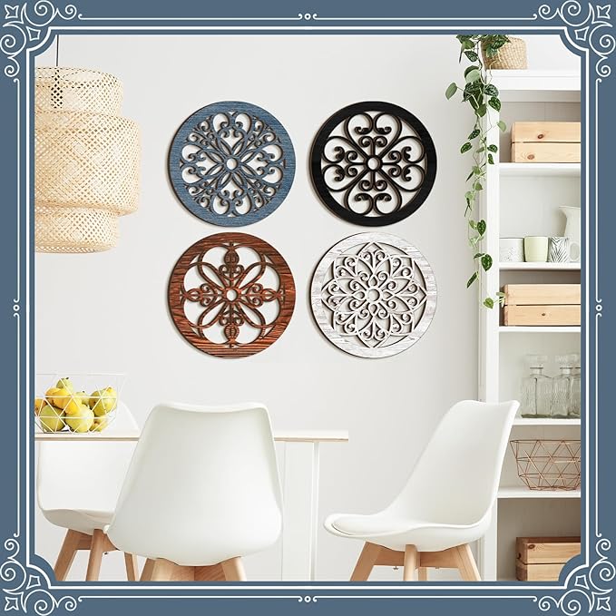 Yulejo 4 Pcs Thicken Rustic Wall Decor Farmhouse Wall Art Wooden Hollow Carved Design Rustic Round Art for Living Room Bedroom Hallway Decor Kitchen(15.7 x 15.7 Inch,groovy Style,Assorted Color)